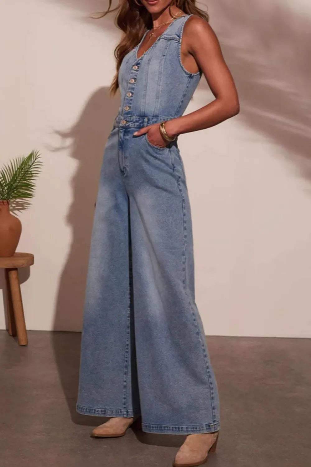 V-neck Wide Leg Denim Jumpsuit - Merit Sell