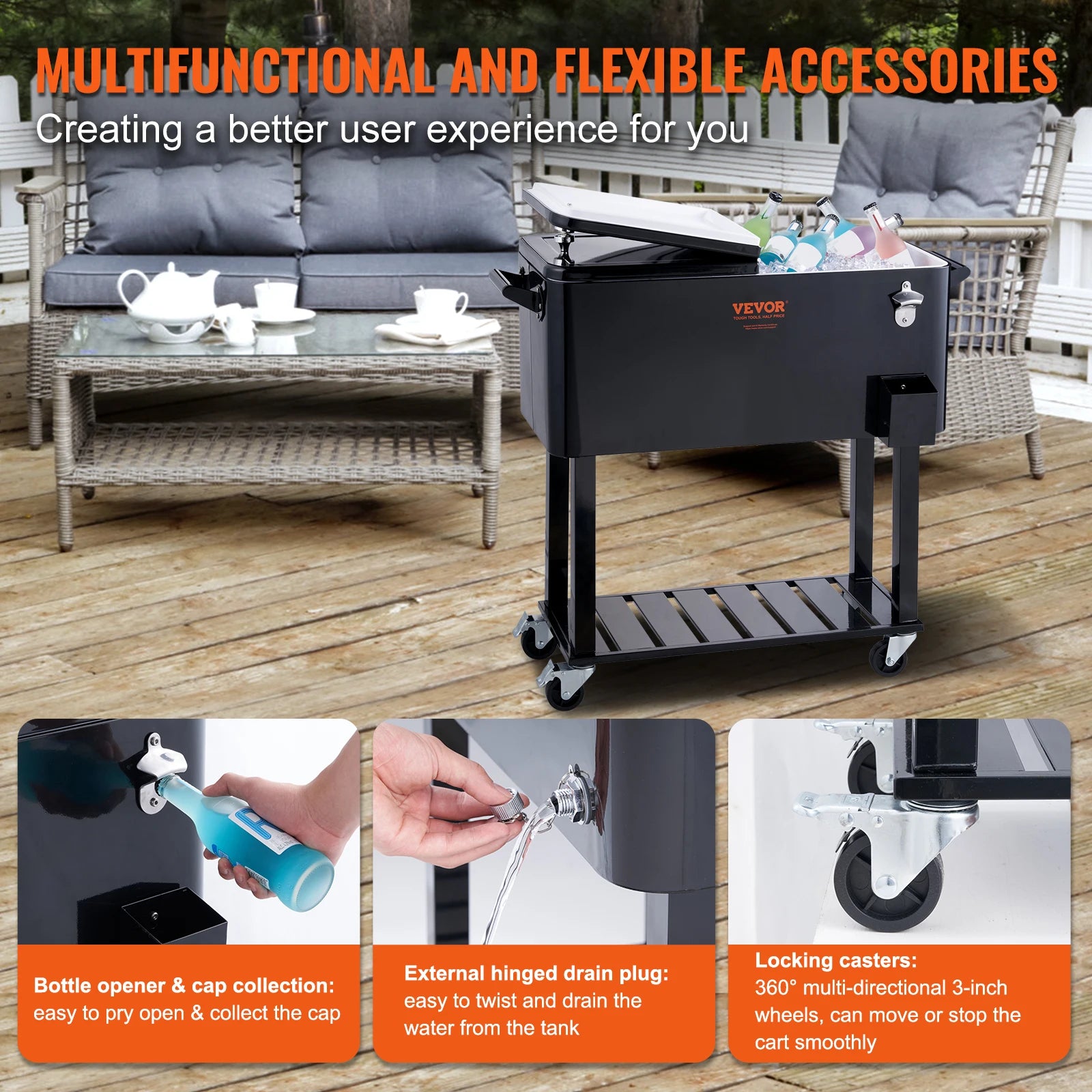 VEVOR 80 Quart Rolling Ice Chest Cooler Cart Portable Bar Drink Cooler Beverage Bar Stand Up Cooler for Patio Backyard - Merit Sell