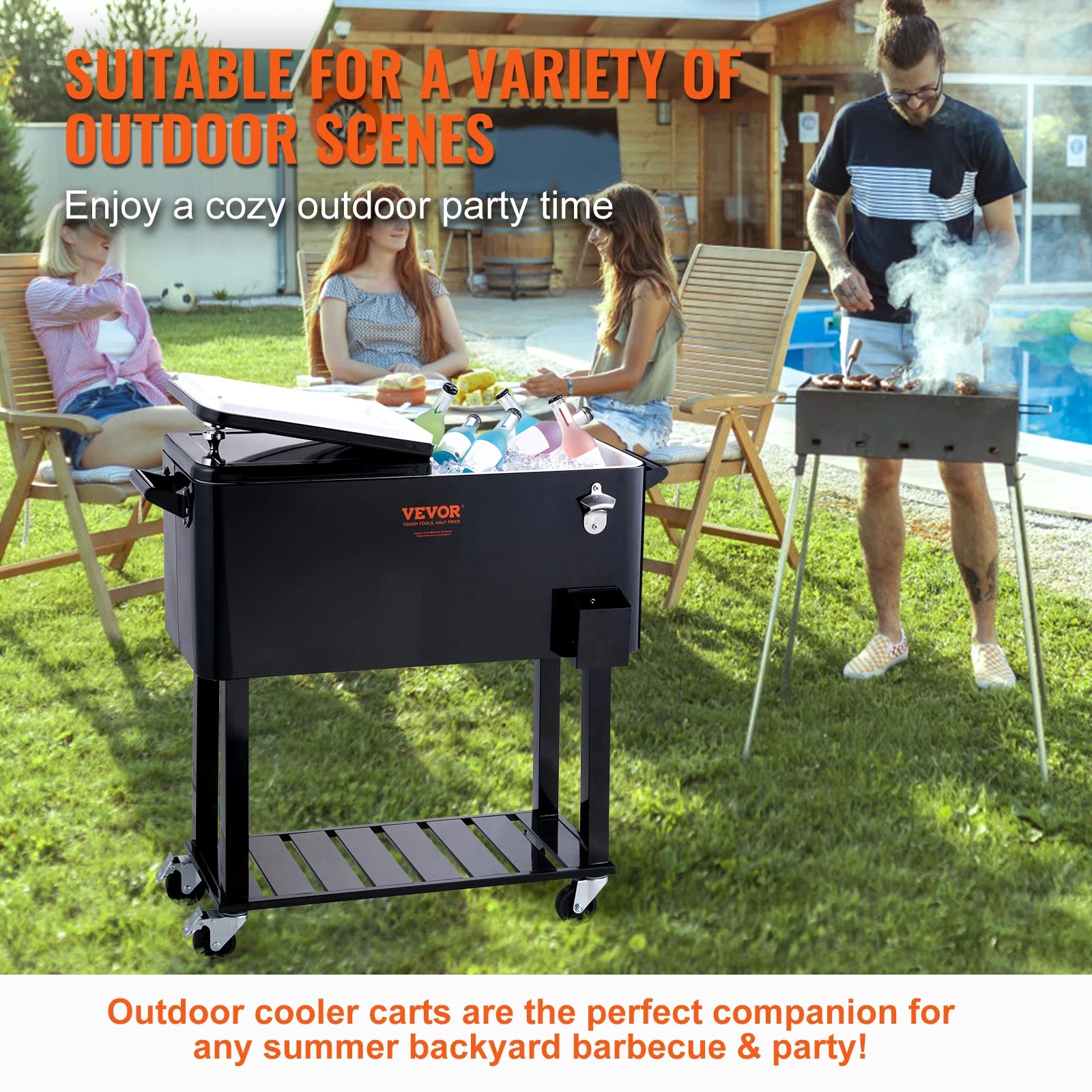 VEVOR 80 Quart Rolling Ice Chest Cooler Cart Portable Bar Drink Cooler Beverage Bar Stand Up Cooler for Patio Backyard - Merit Sell