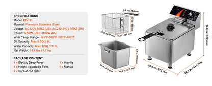 VEVOR Commercial Deep Fryer Electric Countertop Fryer with Basket 11.6Qt Stainless Steel Single Oil Fryer w/Time & Temp Control - Merit Sell