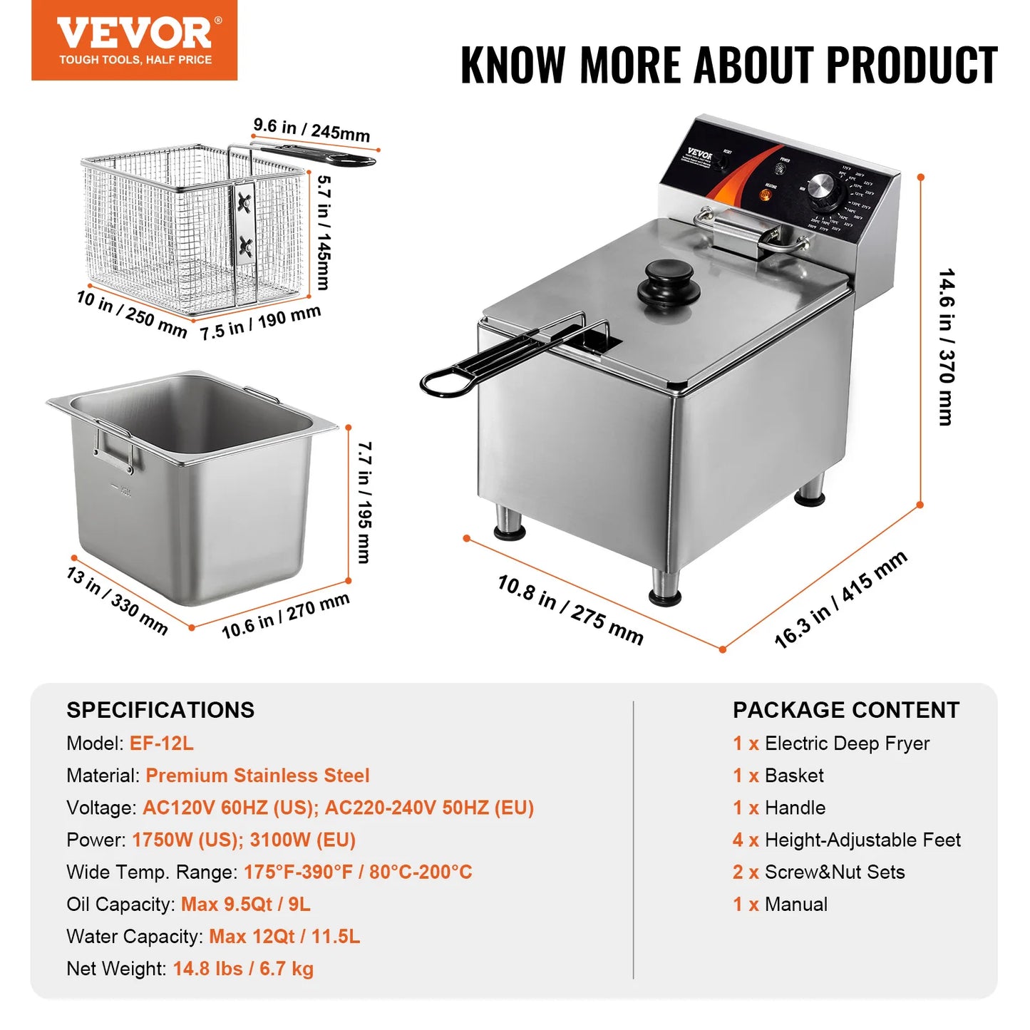 VEVOR Commercial Deep Fryer Electric Countertop Fryer with Basket 11.6Qt Stainless Steel Single Oil Fryer w/Time & Temp Control - Merit Sell