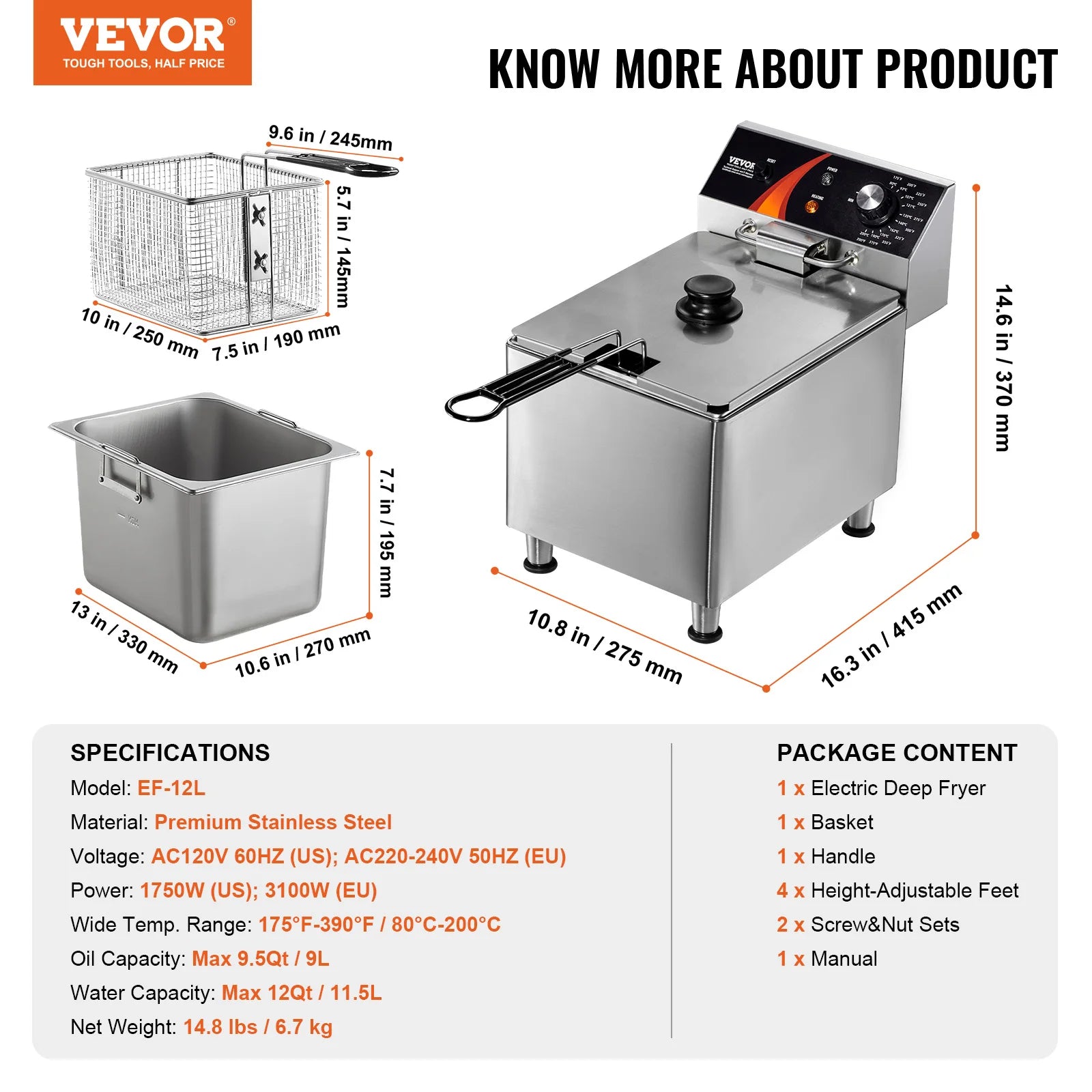 VEVOR Commercial Deep Fryer Electric Countertop Fryer with Basket 11.6Qt Stainless Steel Single Oil Fryer w/Time & Temp Control - Merit Sell