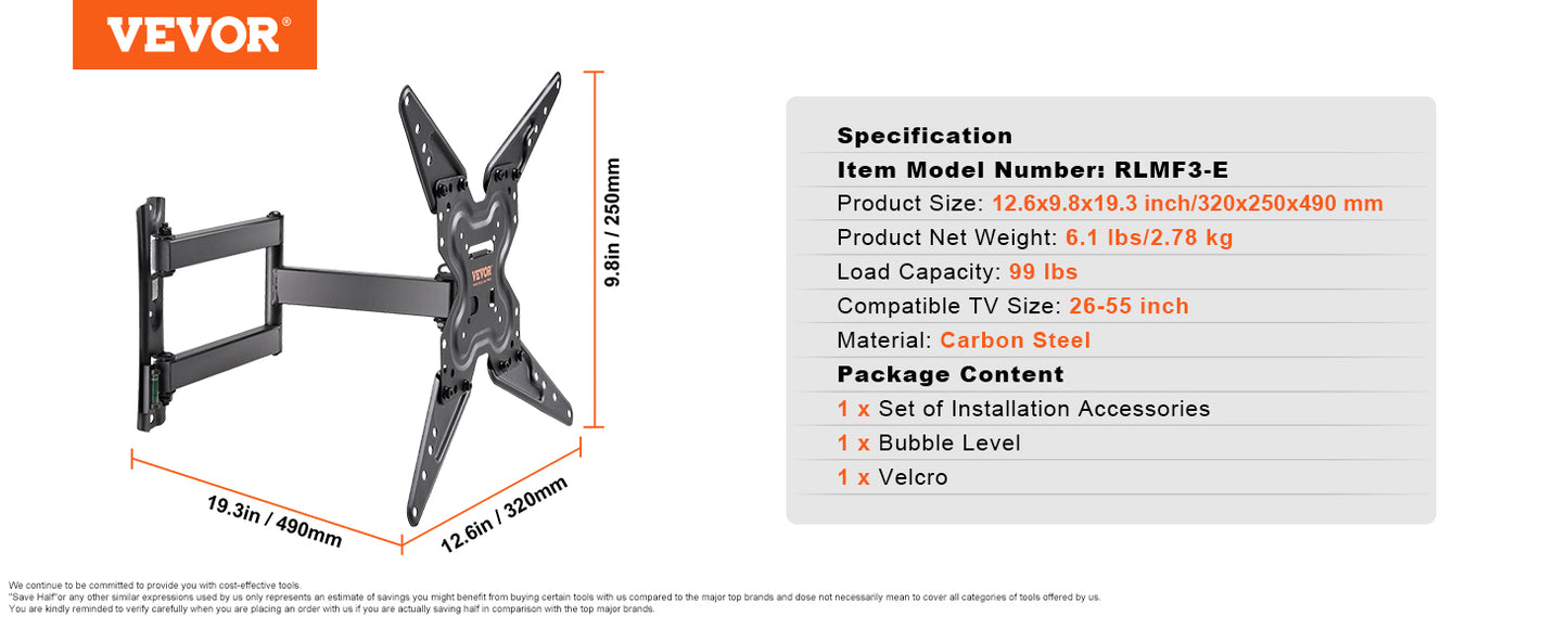 VEVOR Full Motion TV Mount Fit for Most 26-90in TVs Swivel Tilt Horizontal Adjustment TV Wall Mount Bracket W/ Articulating Arms - Merit Sell