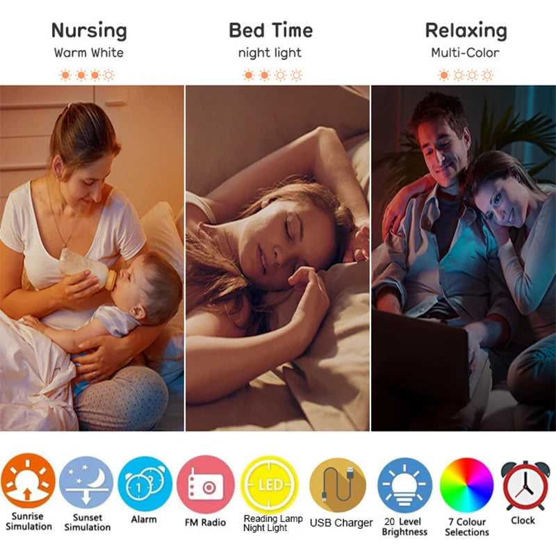 Wake Up Light Alarm Clock with Sunrise/Sunset Simulation Dual Alarms FM Radio Nightlight 7 Colors Natural Sounds Snooze - Merit Sell