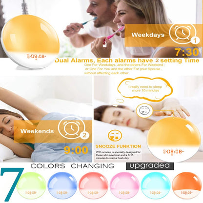 Wake Up Light Alarm Clock with Sunrise/Sunset Simulation Dual Alarms FM Radio Nightlight 7 Colors Natural Sounds Snooze - Merit Sell