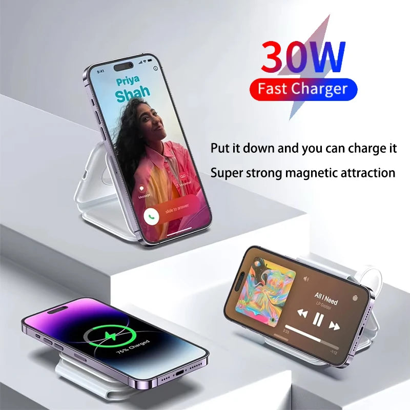Wireless Charger 3 in 1 Charging Station for iPhone 15/14/13/12 Series Travel Charger for Multiple Devices for AirPods 3/2/Pro A - Merit Sell
