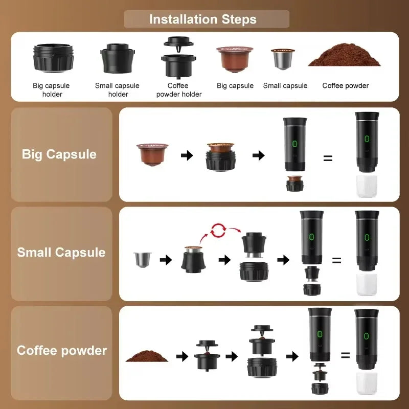 Wireless Electric Portable Espresso Coffee Machine for Car & Home Camping Coffee Maker 3-in-1 Capsule Powder Travel Coffee Maker - Merit Sell