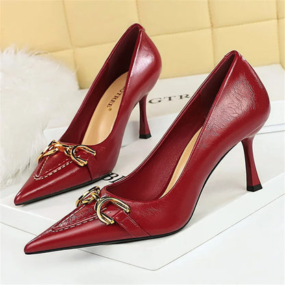 Women 8cm High Heels Stiletto Pumps Pointed Toe Wine Red Middle Heels Office Lady Metal Chain Leather Wedding Prom Replica Shoes - Merit Sell