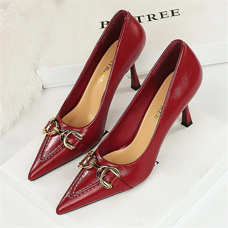 Women 8cm High Heels Stiletto Pumps Pointed Toe Wine Red Middle Heels Office Lady Metal Chain Leather Wedding Prom Replica Shoes - Merit Sell