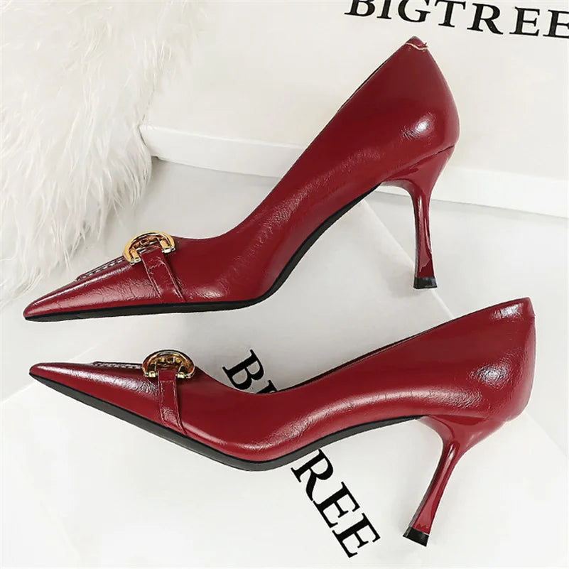 Women 8cm High Heels Stiletto Pumps Pointed Toe Wine Red Middle Heels Office Lady Metal Chain Leather Wedding Prom Replica Shoes - Merit Sell