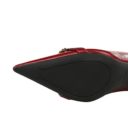 Women 8cm High Heels Stiletto Pumps Pointed Toe Wine Red Middle Heels Office Lady Metal Chain Leather Wedding Prom Replica Shoes - Merit Sell