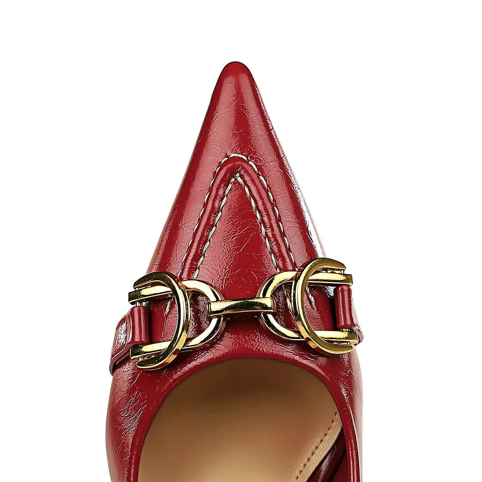 Women 8cm High Heels Stiletto Pumps Pointed Toe Wine Red Middle Heels Office Lady Metal Chain Leather Wedding Prom Replica Shoes - Merit Sell