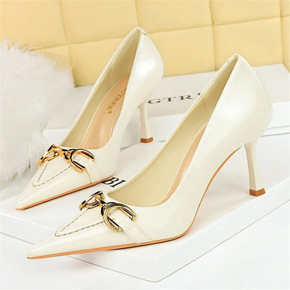 Women 8cm High Heels Stiletto Pumps Pointed Toe Wine Red Middle Heels Office Lady Metal Chain Leather Wedding Prom Replica Shoes - Merit Sell