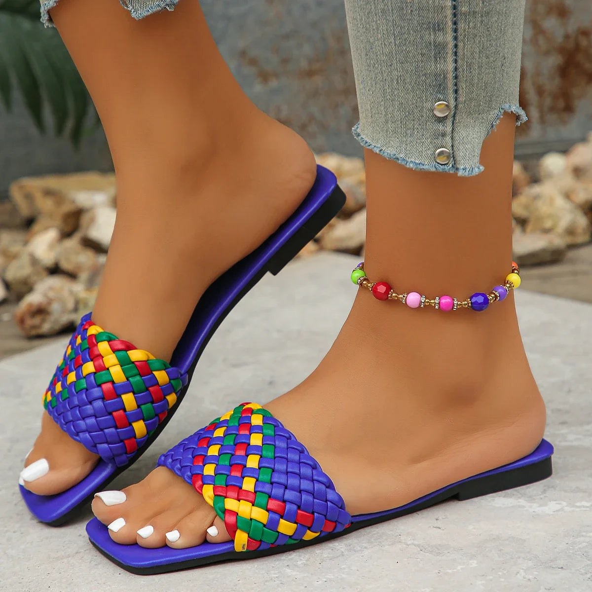 Women Slippers Summer Fashion Beach Mules Casual Indoor Home Slippers Selling Sexy Braided Square Toe Flat Sandals Slides Women - Merit Sell