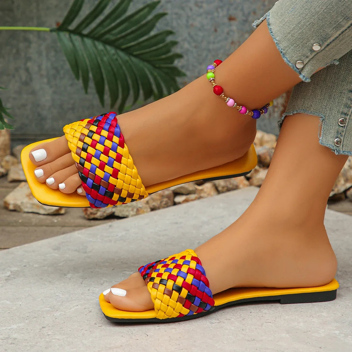 Women Slippers Summer Fashion Beach Mules Casual Indoor Home Slippers Selling Sexy Braided Square Toe Flat Sandals Slides Women - Merit Sell