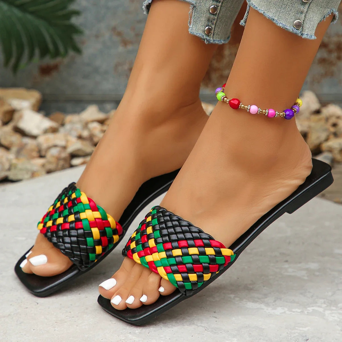 Women Slippers Summer Fashion Beach Mules Casual Indoor Home Slippers Selling Sexy Braided Square Toe Flat Sandals Slides Women - Merit Sell