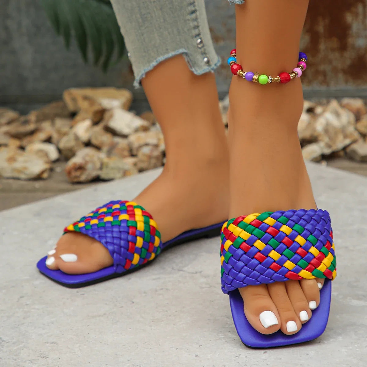 Women Slippers Summer Fashion Beach Mules Casual Indoor Home Slippers Selling Sexy Braided Square Toe Flat Sandals Slides Women - Merit Sell