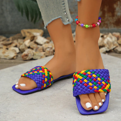 Women Slippers Summer Fashion Beach Mules Casual Indoor Home Slippers Selling Sexy Braided Square Toe Flat Sandals Slides Women - Merit Sell