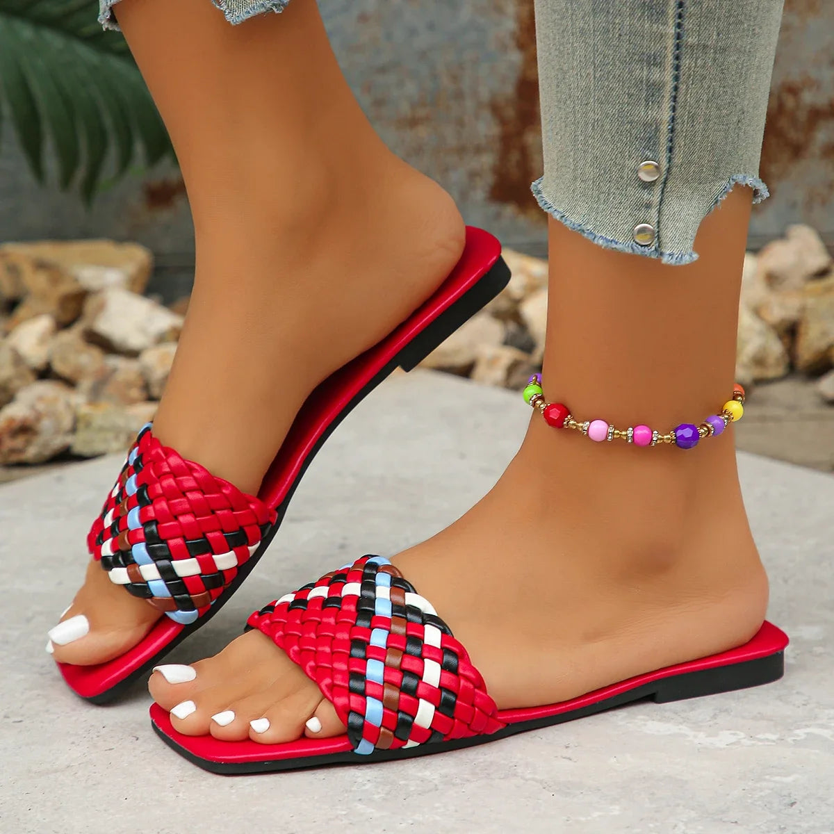 Women Slippers Summer Fashion Beach Mules Casual Indoor Home Slippers Selling Sexy Braided Square Toe Flat Sandals Slides Women - Merit Sell