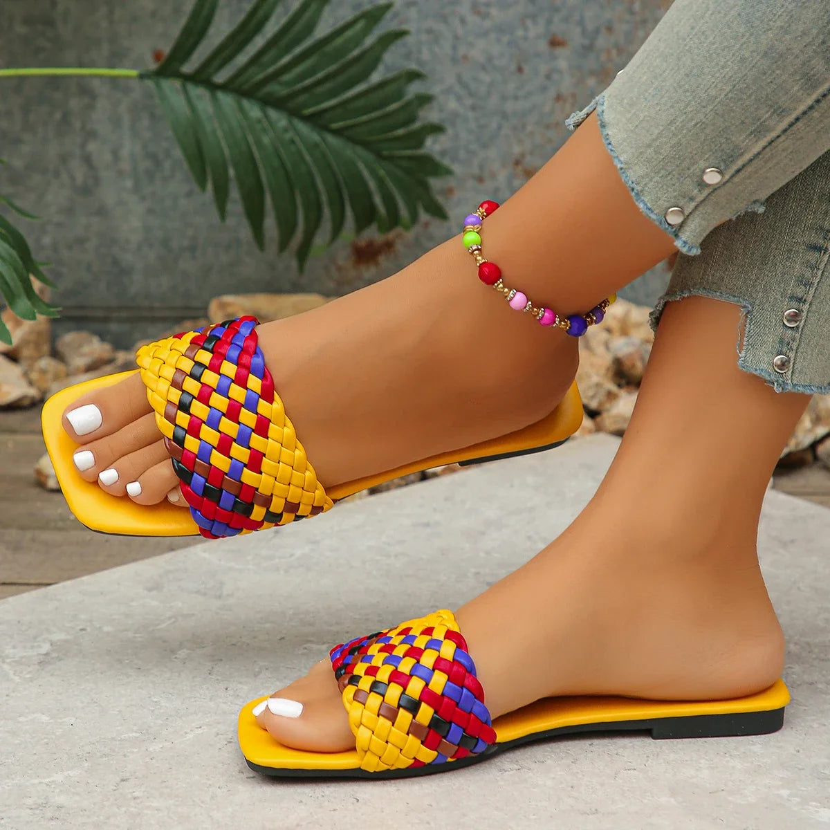 Women Slippers Summer Fashion Beach Mules Casual Indoor Home Slippers Selling Sexy Braided Square Toe Flat Sandals Slides Women - Merit Sell