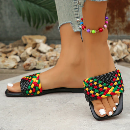 Women Slippers Summer Fashion Beach Mules Casual Indoor Home Slippers Selling Sexy Braided Square Toe Flat Sandals Slides Women - Merit Sell