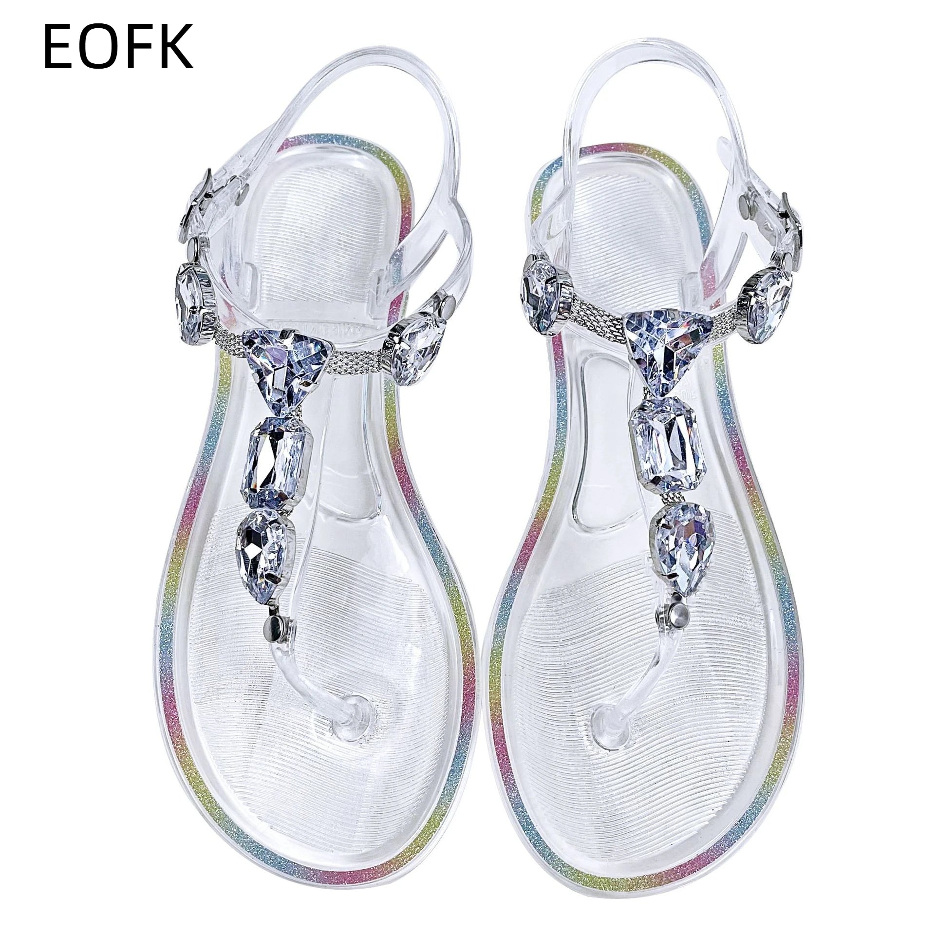 Women's Rhinestone T-Strap Clip Toe Jelly Flip Flop Sandals Summer Buckle Non-Slip Clear Crystal Thong Flat for Beach Daily - Merit Sell