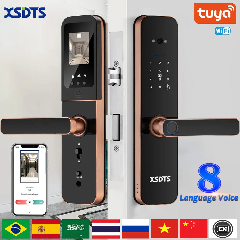 XSDTS Electronic Smart Door Lock Tuya Wifi Digital Biometric Camera Fingerprint Smart Card Password Key Unlock - Merit Sell