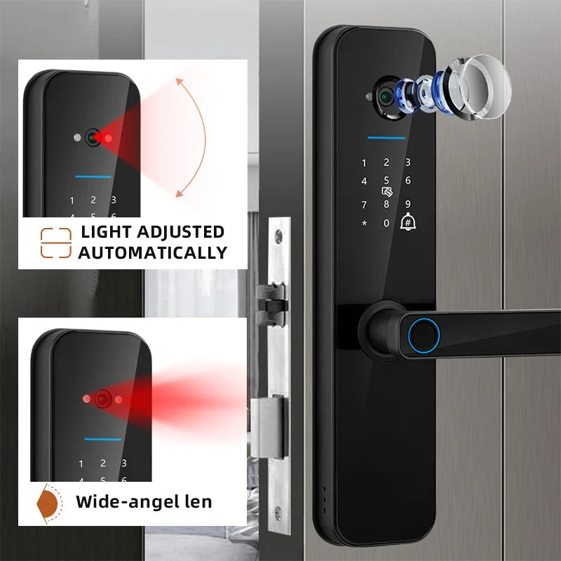 XSDTS Electronic Smart Door Lock Tuya Wifi Digital Biometric Camera Fingerprint Smart Card Password Key Unlock - Merit Sell