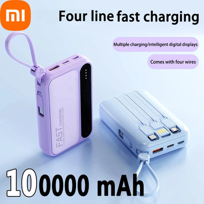Xiaomi 100000mAh Large Capacity Power Bank Portable fast charging power bank with built-in 4 Cables Battery For IPhone Samsung - Merit Sell