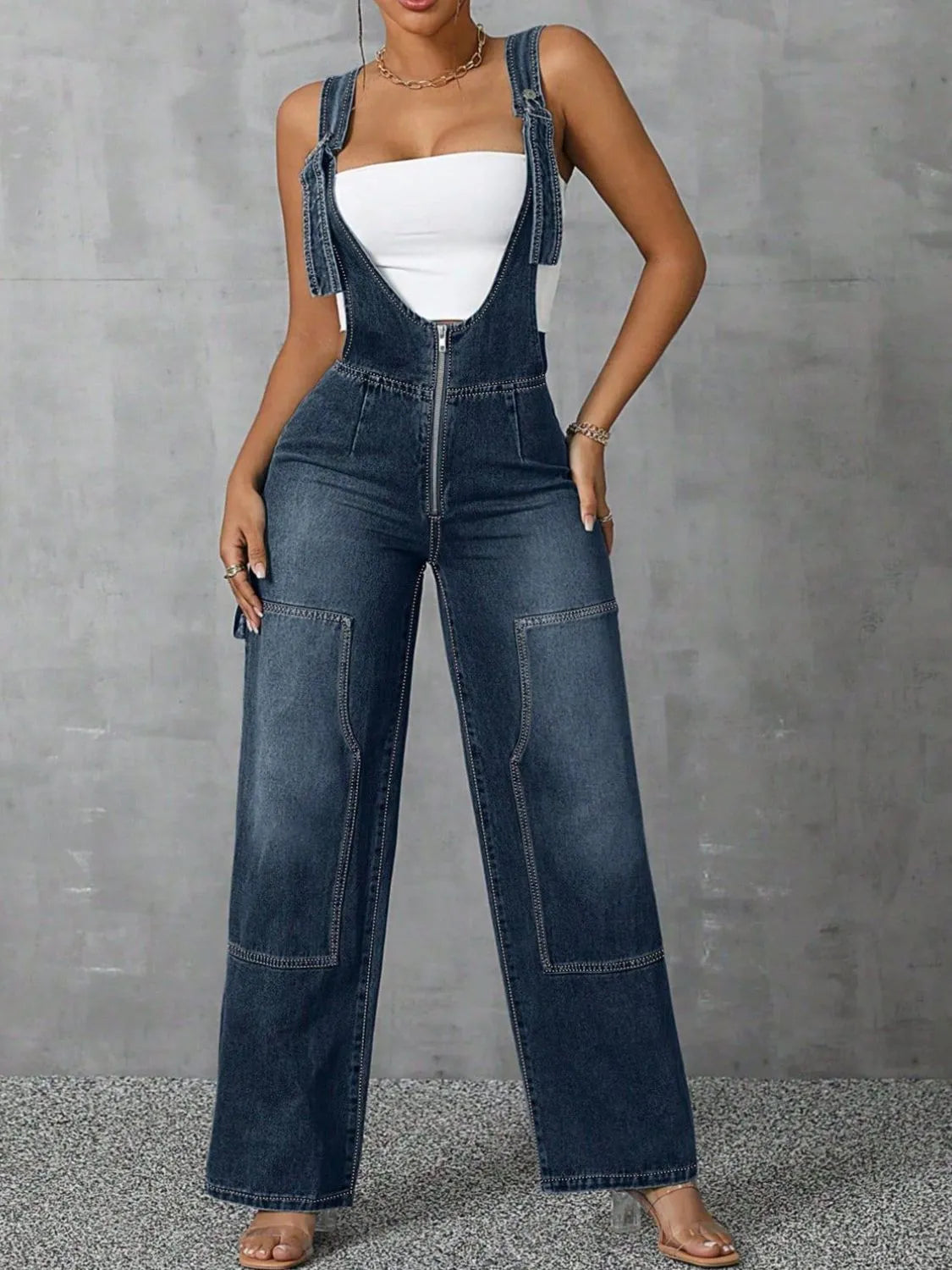Zip Front Wide Strap Denim Overalls - Merit Sell
