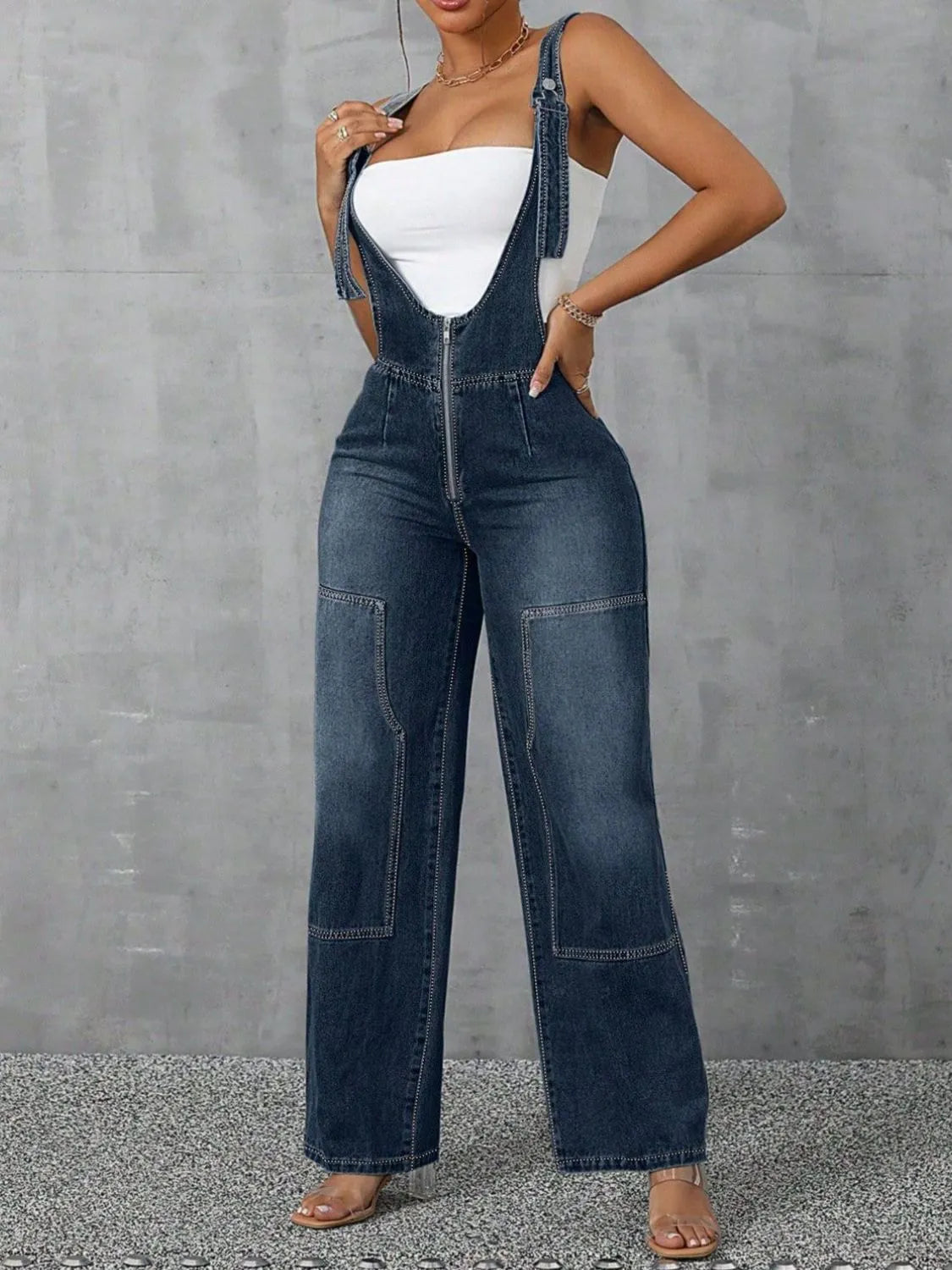 Zip Front Wide Strap Denim Overalls - Merit Sell