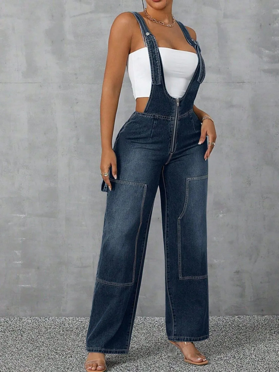 Zip Front Wide Strap Denim Overalls - Merit Sell