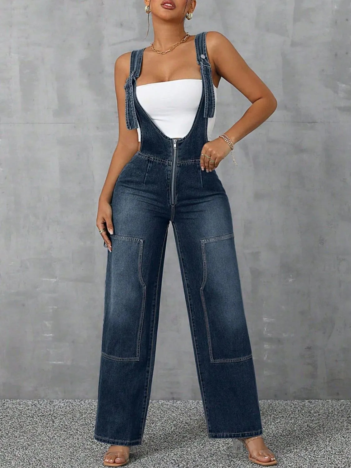 Zip Front Wide Strap Denim Overalls - Merit Sell