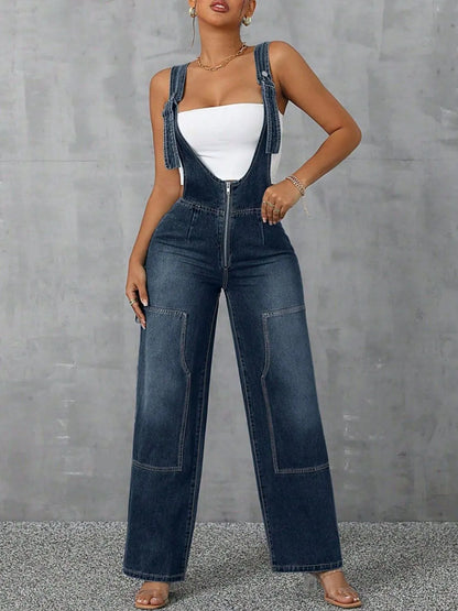Zip Front Wide Strap Denim Overalls - Merit Sell