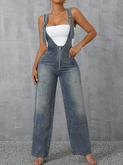 Zip Front Wide Strap Denim Overalls - Merit Sell