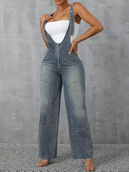 Zip Front Wide Strap Denim Overalls - Merit Sell