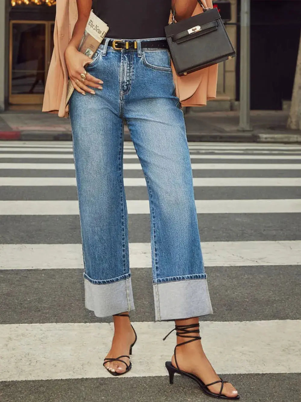 High Waisted Straight Leg Rolled Jeans - Merit Sell