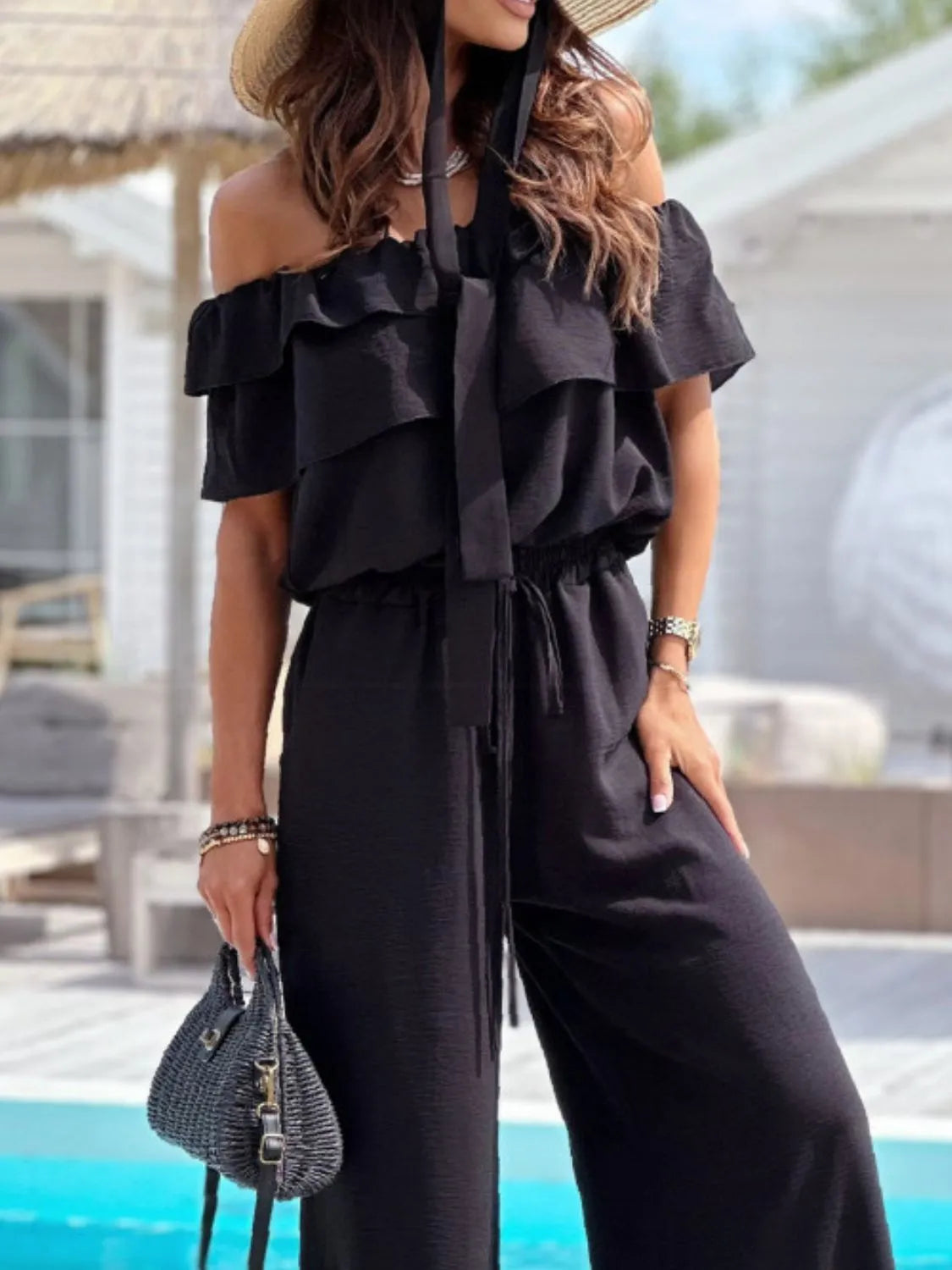 Off-Shoulder Ruffled Wide Leg Jumpsuit - Merit Sell