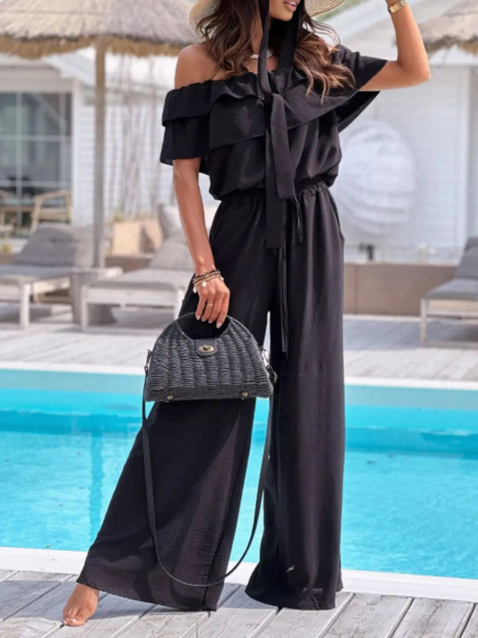 Off-Shoulder Ruffled Wide Leg Jumpsuit - Merit Sell