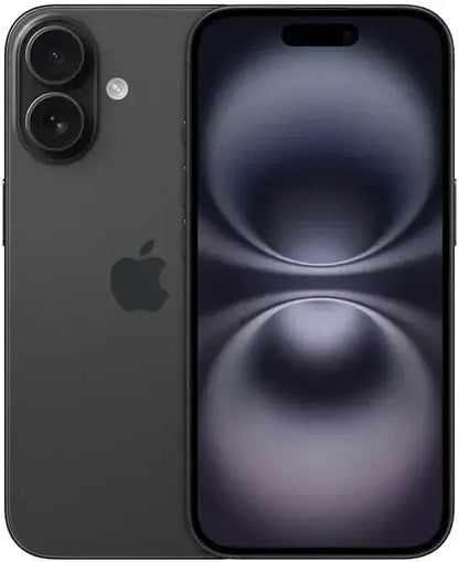 Apple iPhone 16 Plus unlocked in black showing front and back with dual camera and display