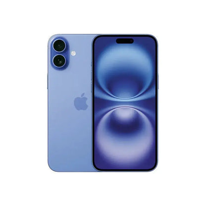 Apple iPhone 16 Plus unlocked in blue color showing front and back view with dual camera