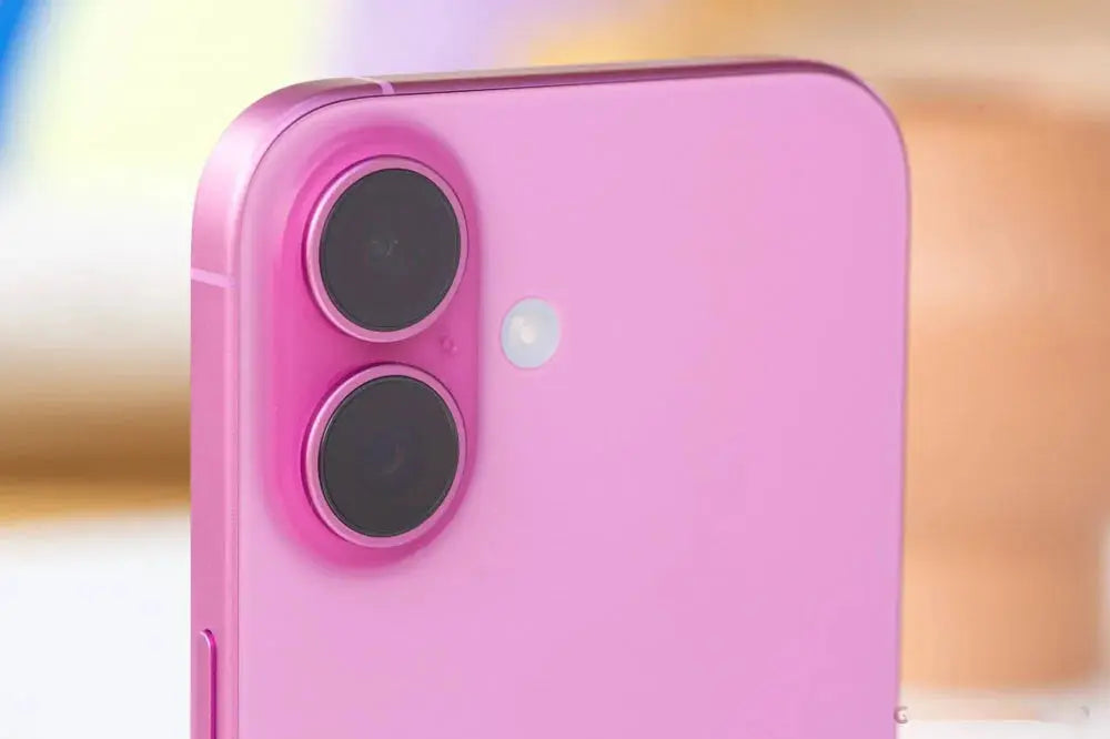 Pink Apple iPhone 16 Plus unlocked showing dual camera lenses and flash on the back