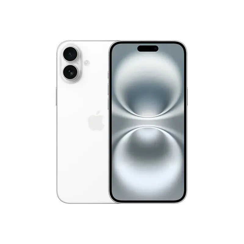 Apple iPhone 16 Plus unlocked in white showing front display and dual rear cameras