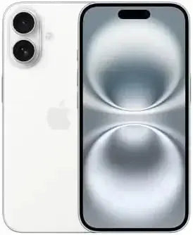 Apple iPhone 16 Plus unlocked in white showing front display and dual rear cameras