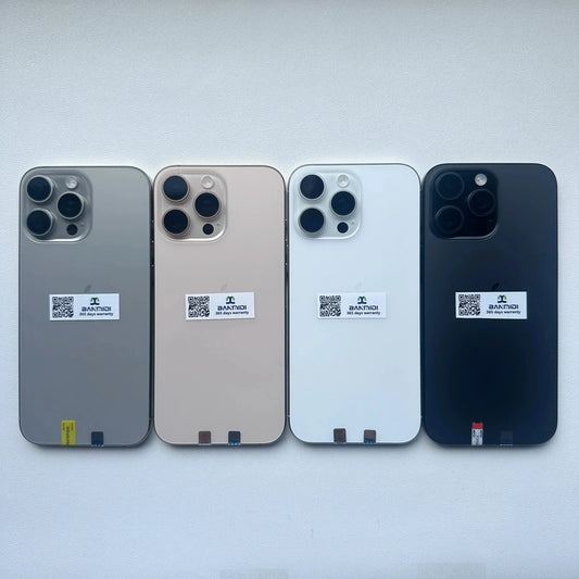 Four Apple iPhone 16 Pro Max 256GB unlocked smartphones in different colors displayed from back by Merit Sell Merit Sell