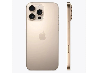Unlocked iPhone 16 Pro Max for sale in gold showing back and side views with triple camera system