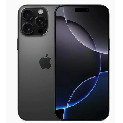 Unlocked iPhone 16 Pro Max for sale in black showing front screen and triple camera setup