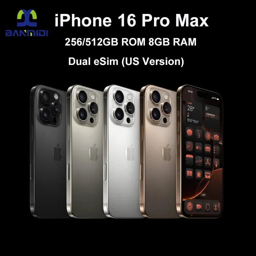 Unlocked iPhone 16 Pro Max for sale showing black gold silver and graphite models with 256 512GB and 8GB RAM