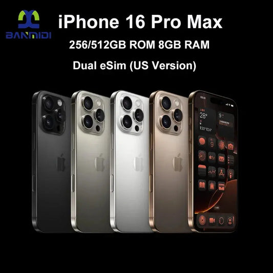 Unlocked iPhone 16 Pro Max for sale showing black gold silver and graphite models with 256 512GB and 8GB RAM Merit Sell