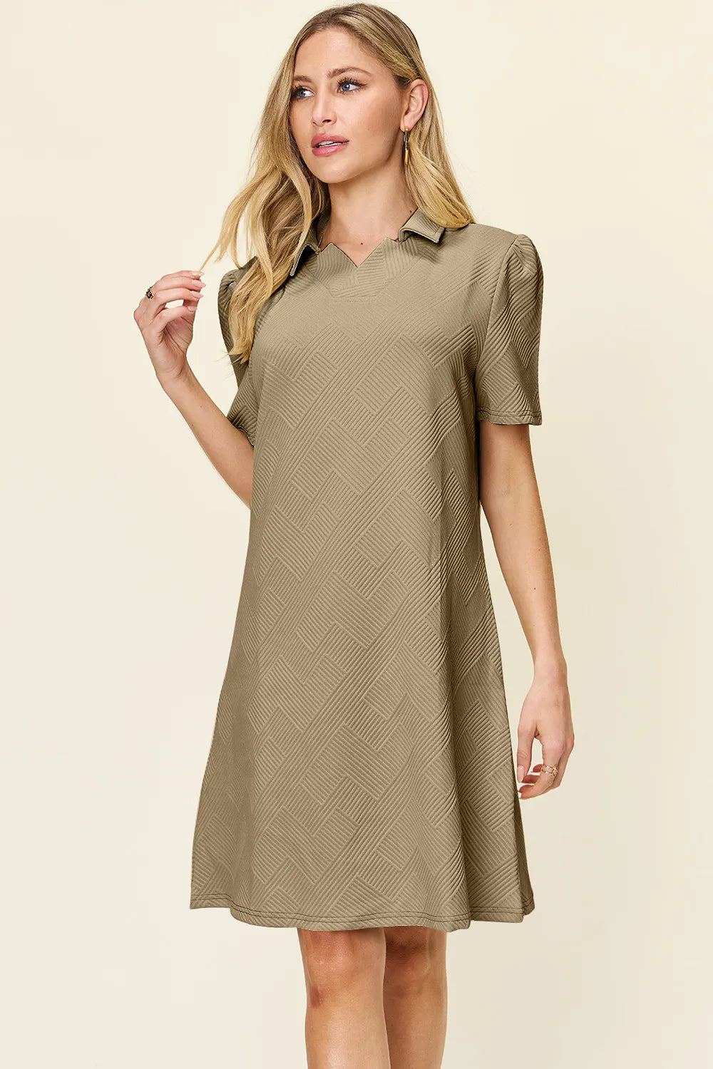 Double Take Full Size Texture Collared Neck Short Sleeve Dress - Merit Sell